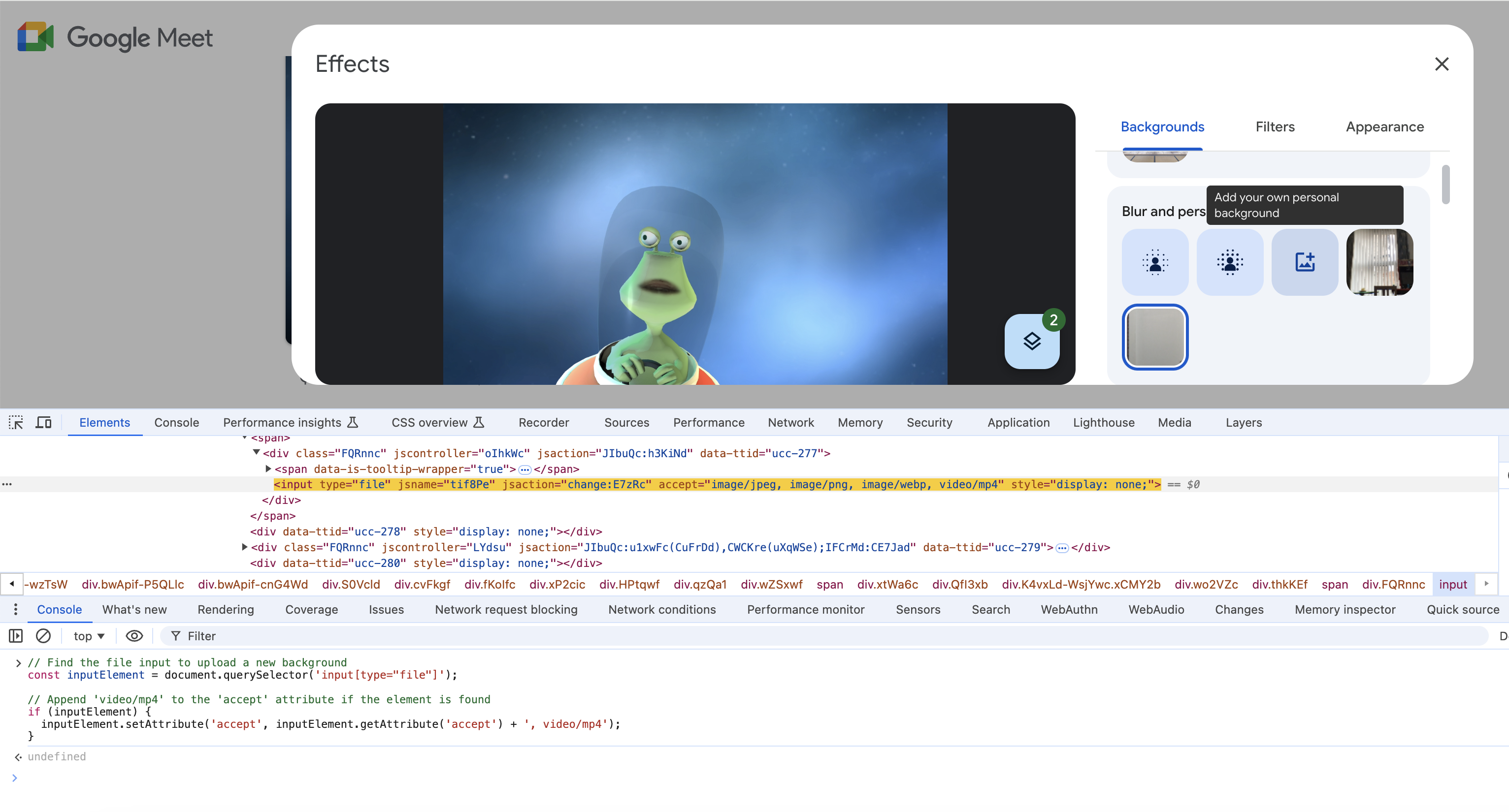 Executing the file upload button in Google Meet using the console within DevTools