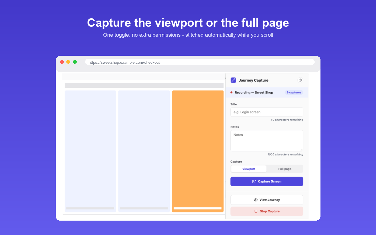 The Journey Capture popup mid-recording, with the viewport/full-page toggle and title/notes fields